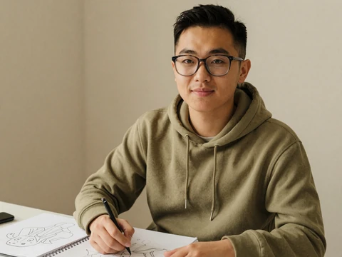 Jordan, a non-binary autistic person at a sunlit desk with sketchbooks
