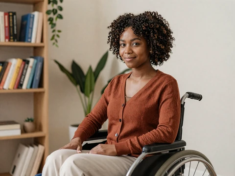 Maya, a Black woman manual wheelchair user smiling at home on a disabled dating site