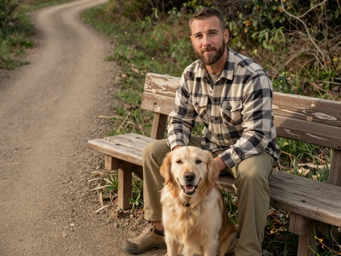 Ethan, a veteran sitting with a service dog on a sunlit hiking trail