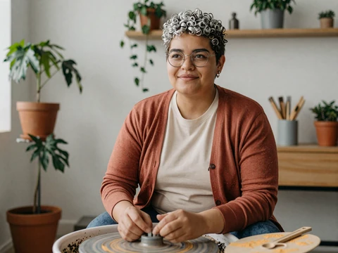 Ro, a nonbinary ADHD community member, smiling in a home pottery studio