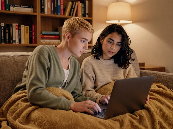 Jamie and River curled on a couch under a blanket watching a captioned film together