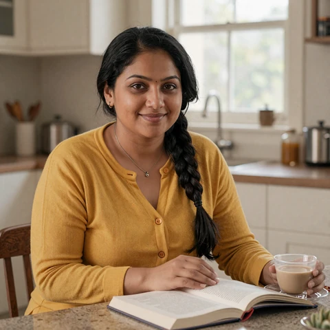 Priya, 42, autistic cookbook writer at her kitchen table with chai