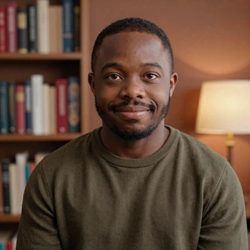 Marcus, a little person community member, smiling warmly in his home library