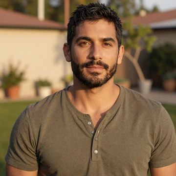 Jordan, a veteran community member, smiling gently in a backyard garden at golden hour