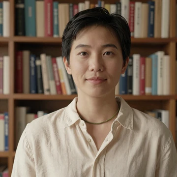 Ash, a nonbinary bipolar community member, smiling by a sunlit bookshelf