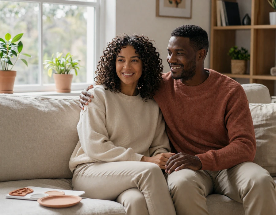 Bipolar couple holding hands at home by a sunlit window - authentic mental health dating connection