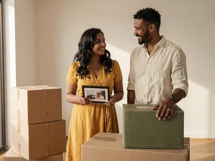 Priya and Marcus unpacking moving boxes in their first shared apartment