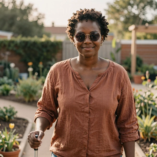 Naomi, a totally blind woman with a white cane, smiling in a sunlit community garden