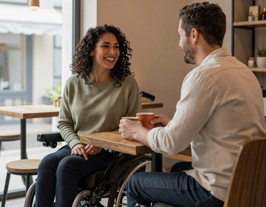 Interabled couple at eye level at a sunlit cafe table - cerebral palsy dating and authentic connection