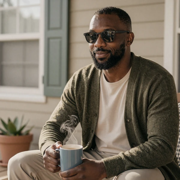 Marcus, a legally blind man in an olive cardigan, smiling on a sunlit home porch