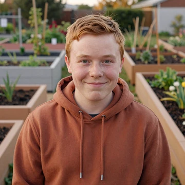 Sam, a nonbinary little person with diastrophic dysplasia, smiling in a community garden
