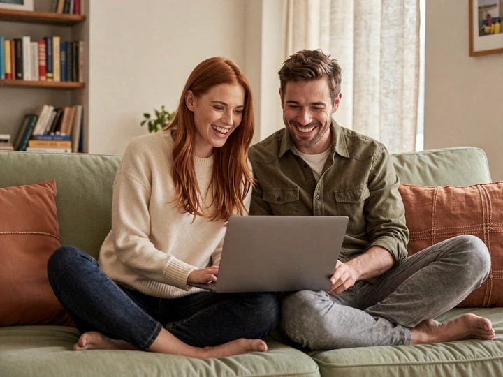 Becky and Daniel sitting on a sofa laughing at a laptop in their living room