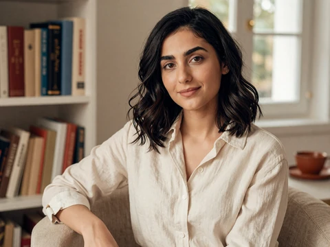 Leila, an ADHD community member, smiling softly by a sunlit bookshelf
