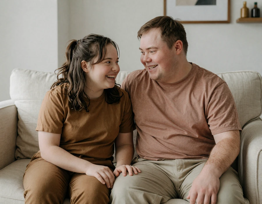 A smiling couple with Down syndrome sitting close together on a linen couch - authentic down syndrome dating connection