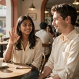 Priya and Ryan, a Deaf-hearing couple signing together in a sunlit cafe