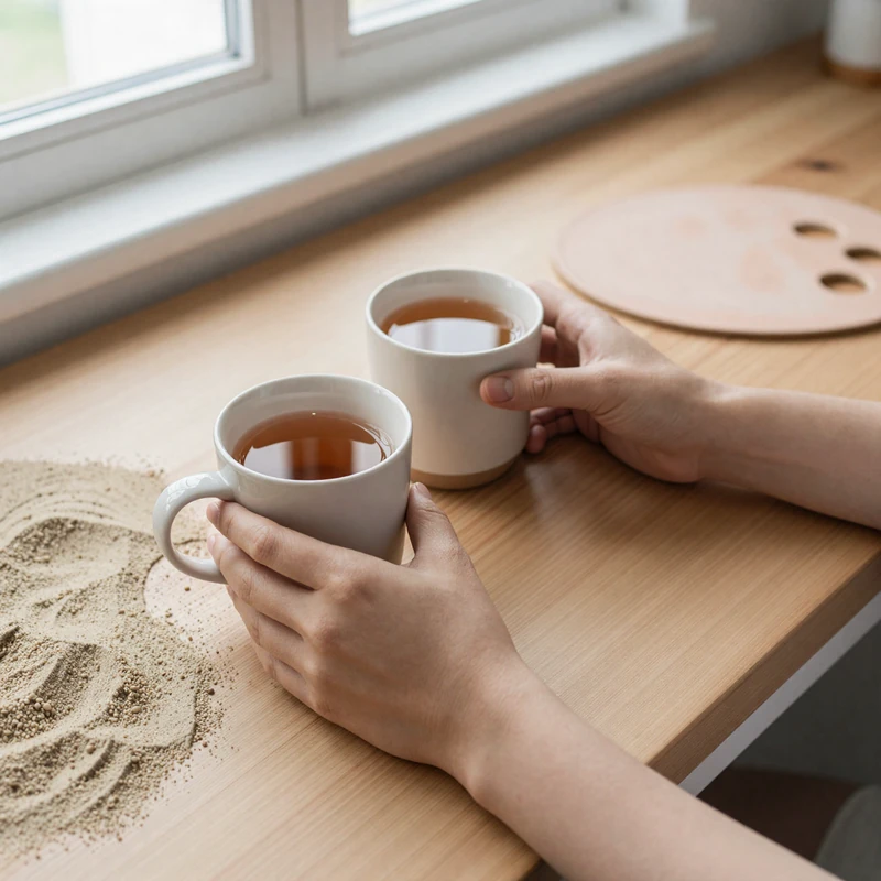Two hands gently linked beside mugs of tea, capturing quiet intimacy in inclusive dating