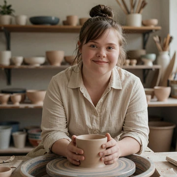 Amelia, a community member with Down syndrome, smiling in a sunlit pottery studio
