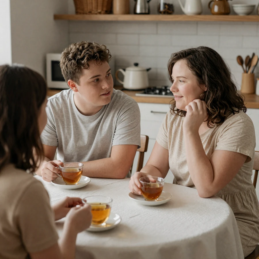 A young adult with Down syndrome and their mother talking warmly over tea at a sunlit kitchen table