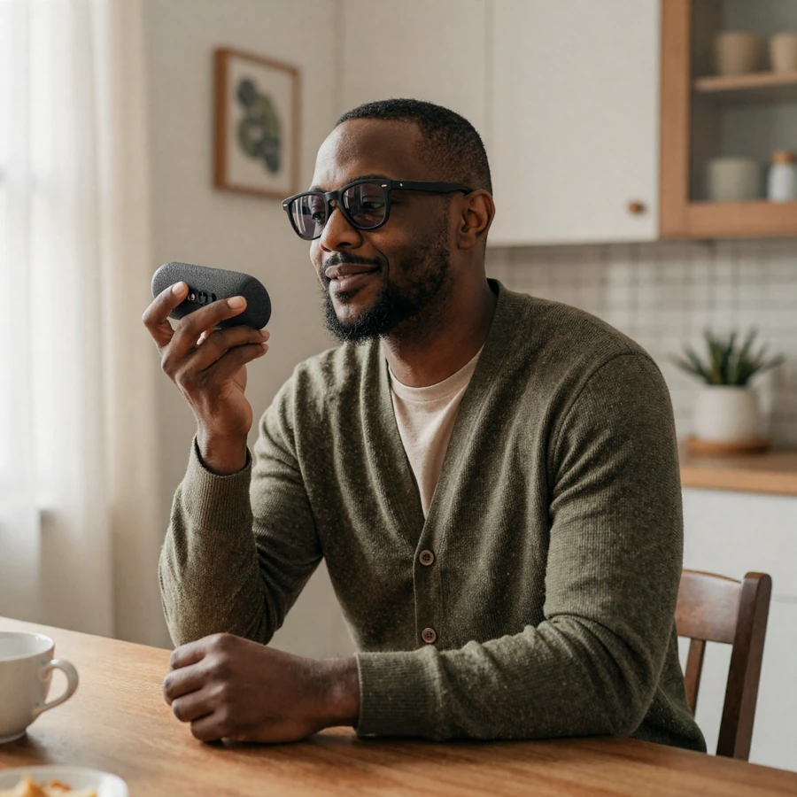 Marcus, a legally blind man in an olive cardigan, listening to a voice note at a warm kitchen table