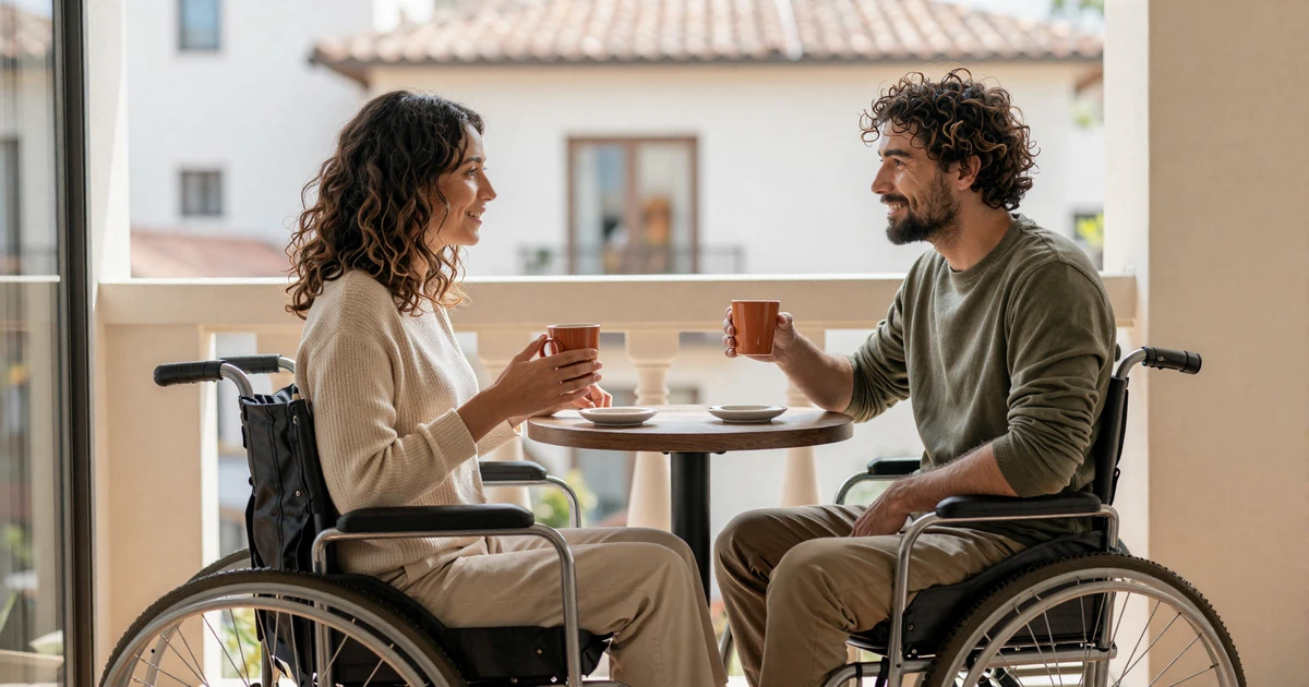 Hannah and Marcus, an interabled long-distance couple laughing on a porch swing after moving in together