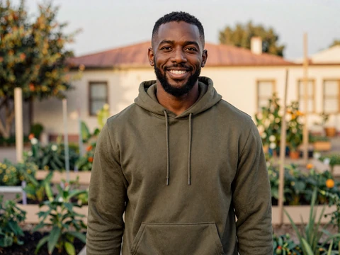 Devin, an ADHD community member, smiling in a community garden at golden hour