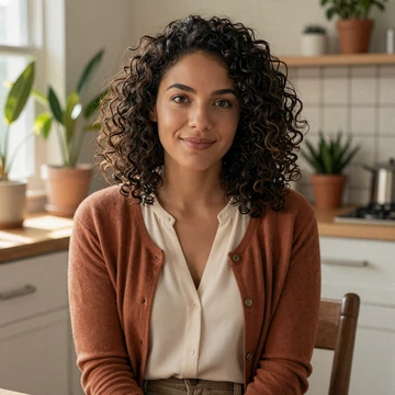 Maya, a bipolar community member, smiling in a sunlit home kitchen