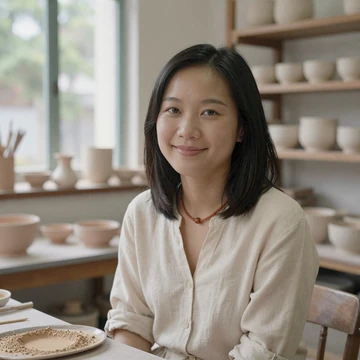 Linh, a late-deafened member, smiling softly in her ceramics studio
