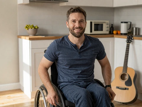 Darren, a power wheelchair user smiling in his kitchen with a guitar, wheelchair dating profile photo