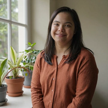 Priya, a community member with Down syndrome, smiling beside houseplants in natural light