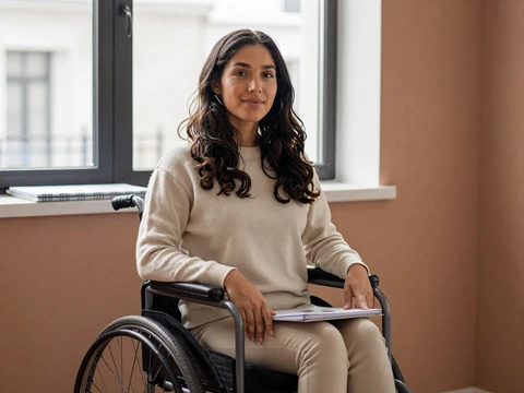 Renée, a part-time wheelchair user with EDS, smiling beside a sunlit window and sketchbooks