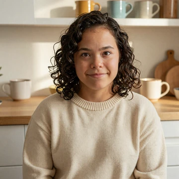 Nora, a little person with achondroplasia, smiling in a warmly lit kitchen