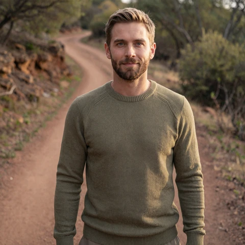 Daniel, 34, autistic software engineer on a wooded hiking trail at golden hour