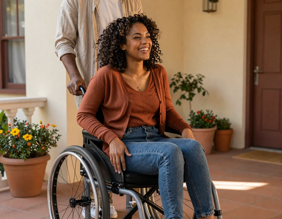 Black woman wheelchair user laughing with her partner on a sunlit porch - real wheelchair dating connection