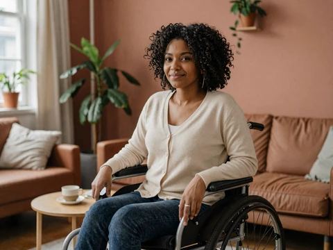 Maya, a Black woman wheelchair user smiling at home