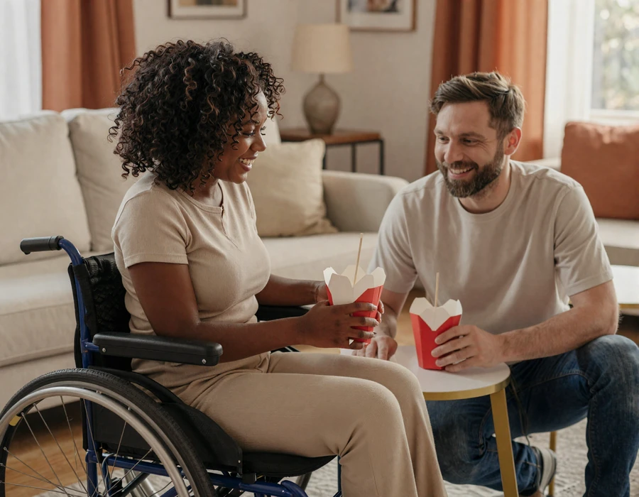 Interabled couple laughing together at home, illustrating real connection on a disabled dating site