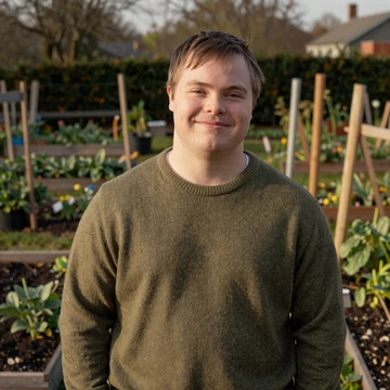 Jordan, a community member with Down syndrome, smiling in a community garden at golden hour