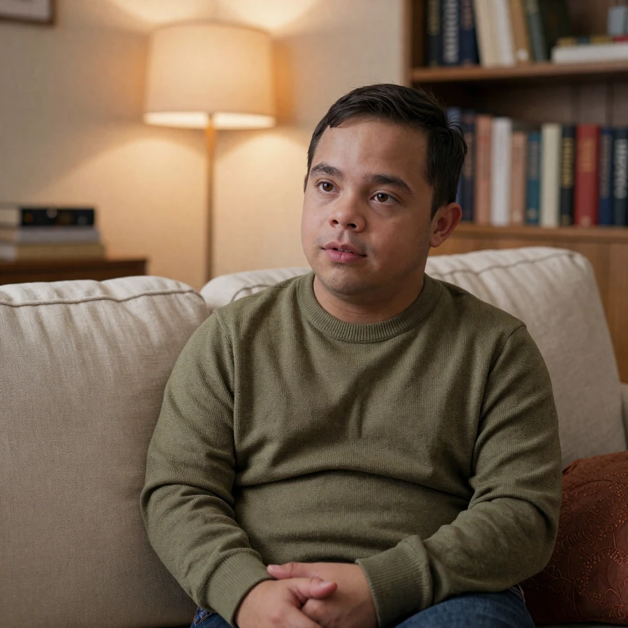 Little person with dwarfism in a cozy living room - dating with dwarfism reflection on guardedness and trust
