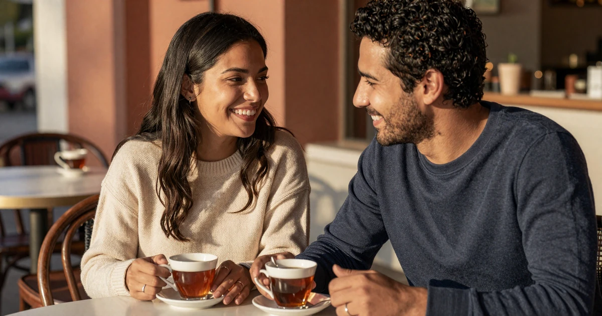 Couple with epilepsy sharing tea at a quiet sunlit cafe - finding love with a disability in a calm environment