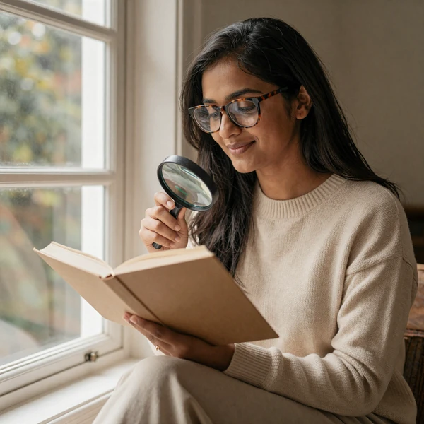 Priya, a low-vision woman in a cream sweater, reading with a magnifier by a bright window