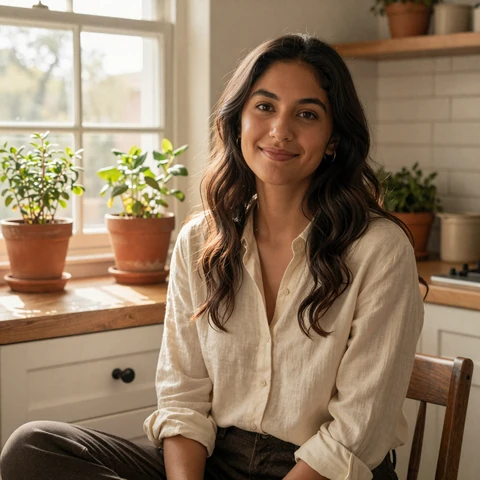 Maya, a community member with epilepsy, smiling softly by a sunlit kitchen window
