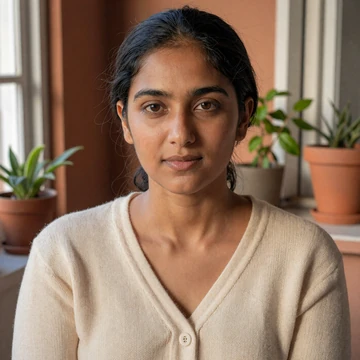Samira, a C-PTSD community member, reflective by a sunlit window with houseplants