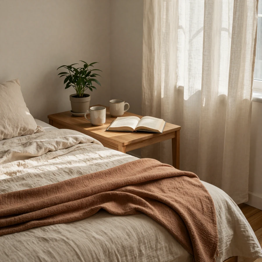 Calm morning bedroom scene with two mugs and linen sheets - routine and sleep as anchors for bipolar relationships