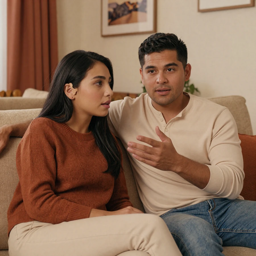 Deaf-hearing interabled couple watching a captioned movie together on a cozy couch in golden evening light