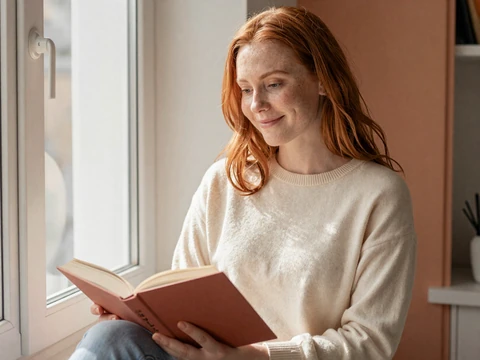 Sasha, a red-haired woman reading by a sunlit window