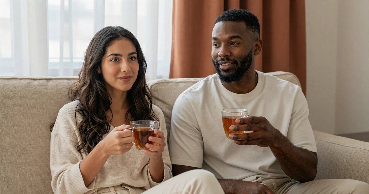 Couple sitting together quietly on a linen sofa with warm mugs - calm trauma-aware dating connection