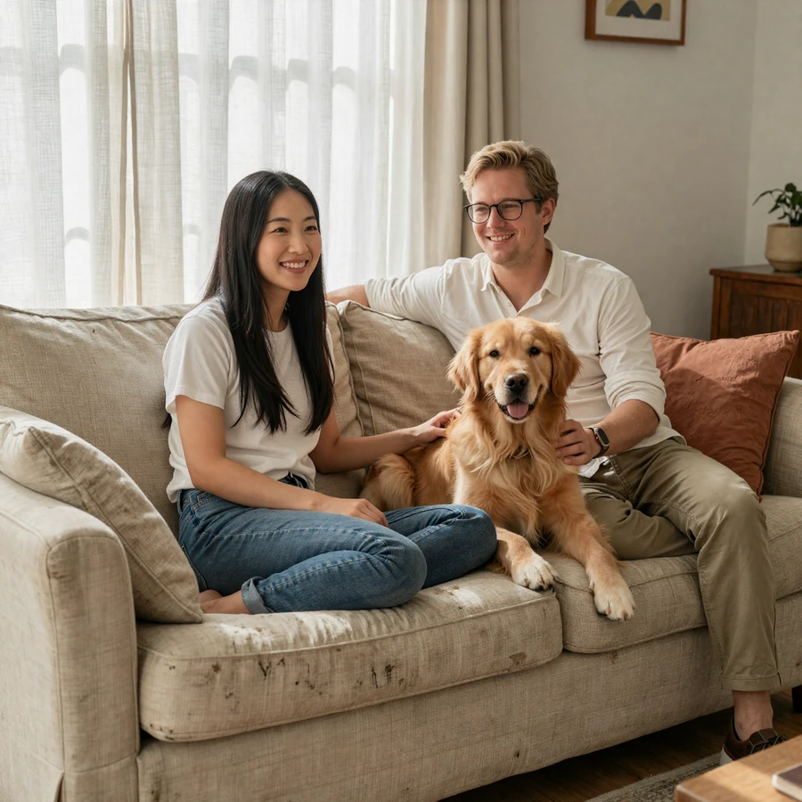 ADHD couple relaxing at home on a linen couch with their dog - the calm stage of an ADHD relationship after hyperfocus