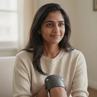 Priya, a below-knee amputee member, smiling softly in warm window light