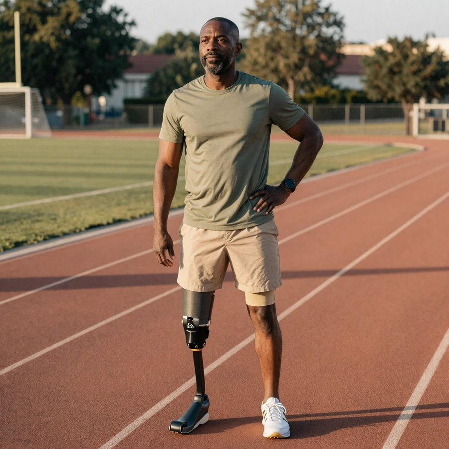 African American man above-knee amputee with running blade stretching on a sunlit track - confidence after limb loss