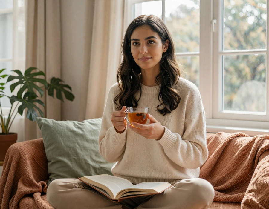 Autistic woman reading quietly with tea by a sunlit window - calm sensory-friendly dating life on the spectrum