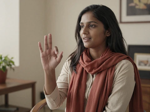Priya, a Deaf South Asian woman signing in ASL at home